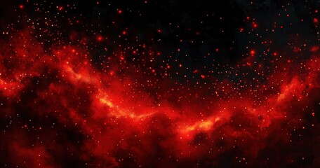 Vibrant red cosmic nebula with glowing orange stars scattered across deep black space, evoking a sense of mystery and vastness