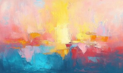 Fototapeta premium Abstract colorful painting with bright yellow center blending into pink and red hues, contrasted by deep blue and turquoise shades creating a vibrant and energetic atmosphere