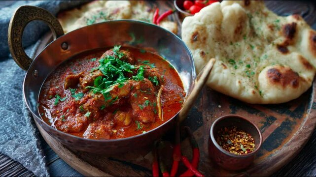 A delicious Indian curry dish served with naan bread 