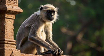 Obraz premium Gray Langur Monkey on Ancient Ruins: A Serene Moment in India