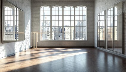 Sunlit dance studio with city view, hardwood floors, and mirrors