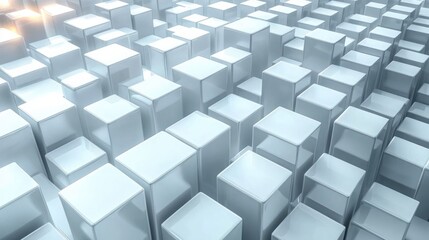 Obraz premium Three-dimensional array of translucent, glossy white rectangular prisms arranged in a grid pattern under soft lighting creating a futuristic and calm atmosphere