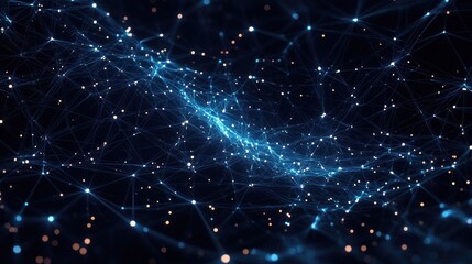 Fototapeta premium Abstract digital network of interconnected glowing nodes and lines in dark space conveying data flow and technology
