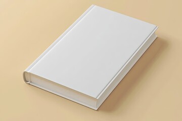 Fototapeta premium A pristine white hardcover book rests on a pale beige background, subtly casting a shadow, suggesting a clean, minimalist design
