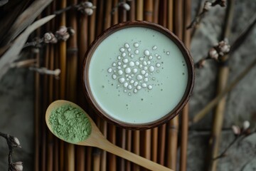 A pale green matcha latte in a wooden bowl, adorned with white pearls, sits on bamboo, alongside a wooden spoon of matcha powder and dried floral sprigs