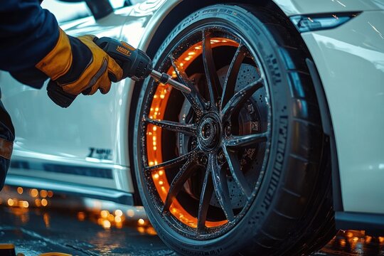 Close-up of a person wearing protective gloves using a power tool to work on a black bicycle wheel with orange details on a white vehicle under bright lighting