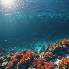Naklejka premium Sun-dappled ocean surface, vibrant coral reef below , fish, beautiful