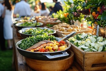 Outdoor buffet with variety of fresh salads, roasted vegetables, grilled fish, and bread on wooden table during sunny event with people in background
