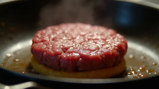 Beef burger in a skillet. Filmed on a high-speed camera at 1000 fps. High quality FullHD footage