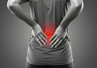 Naklejka premium Backache and Lumbar Pain Zone Highlighted Health Care Advertisement Lower Back Pain in Man