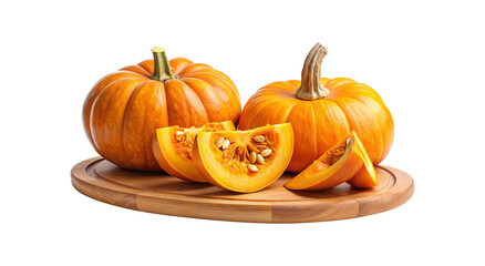 Obraz premium Pumpkins and pumpkin wedges arranged on a wooden cutting board isolated