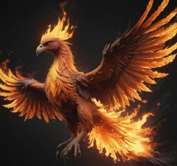 Obraz premium Fiery phoenix engulfed in flames, isolated against black , heat, majestic, feathers
