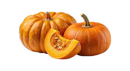 Fototapeta premium Three vibrant pumpkins including one sliced piece showing seeds against white backdrop