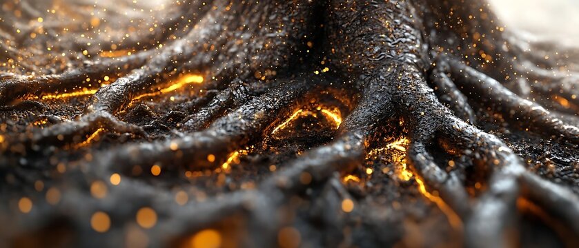 Burning tree roots, close-up, fire, soil