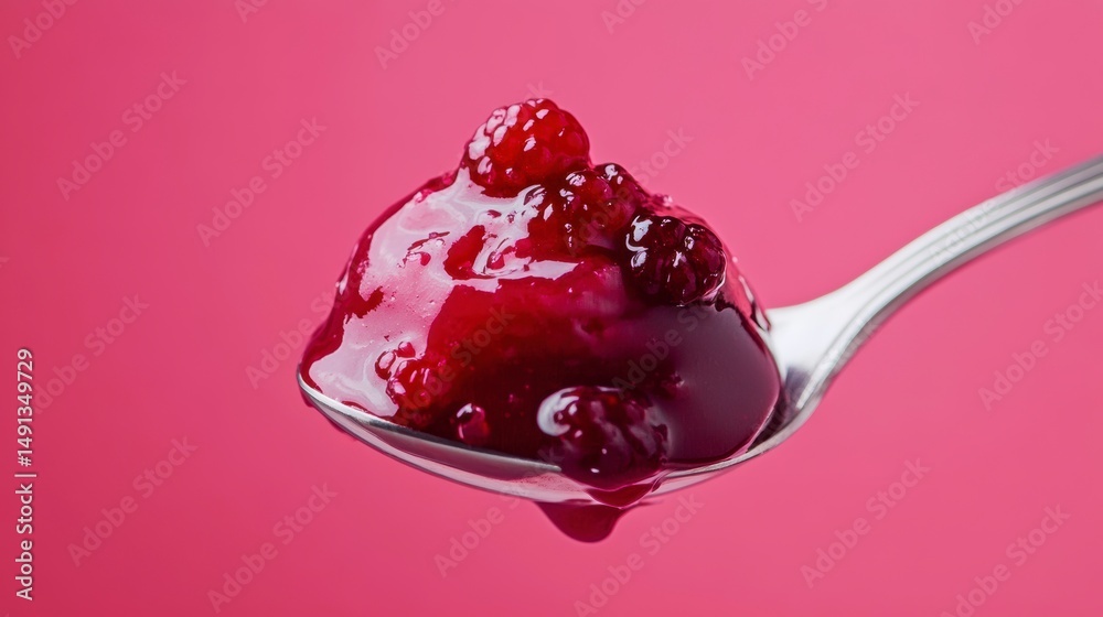 Poster close-up of a spoonful of raspberry jam with visible fruit pieces against a pink background.