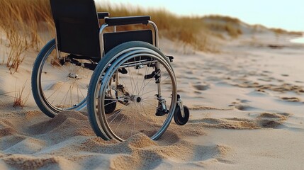 Empty wheelchair stuck in the sand on a sunny beach with footprints around conveying isolation and challenge