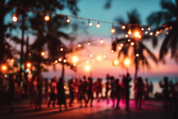 Blurred tropical beach dance party with glowing string lights and palm trees at sunset, festive summer nightlife abstract for travel, event, or vacation design use
