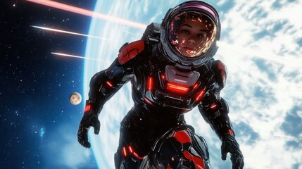Female astronaut in a futuristic black and red space suit floating outside a planet with bright lights and laser beams in the background, evoking a sense of exploration and determination