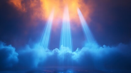Fototapeta premium Dramatic lighting beams pierce through blue and orange cloudscape.