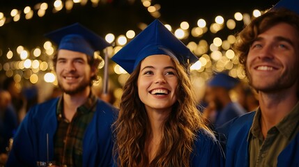 Obraz premium Group of graduates celebrating a commencement ceremony at night.