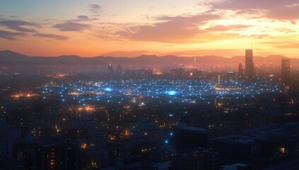 Obraz premium Cityscape at dawn with glowing network