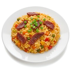 Arroz carreteiro, a rustic rice dish with dried beef, diced vegetables, and green onions, served on a white plate