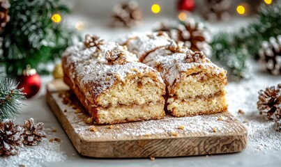 Two slices of walnut and apple cake dusted with powdered sugar, presented on a wooden board, with a festive background of pine branches and ornaments