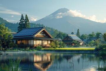 Obraz premium Futuristic Japanese Rice Field: Floating Solar, Mount Fuji, Harmony