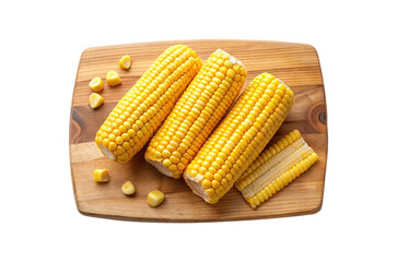 Three ears of corn on the cob and cut kernels on wood cutting board