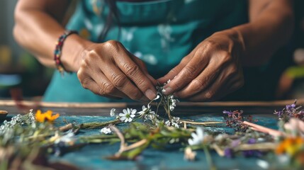 Obraz premium Close-up view of hands arranging a floral creation.