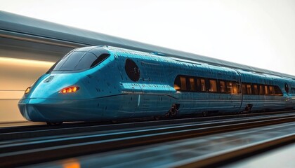 Naklejka premium Sleek modern high-speed train moving through futuristic station with illuminated passenger windows and dynamic motion blur
