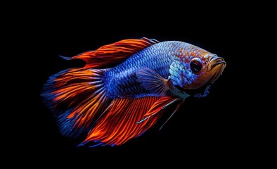Fototapeta premium Vibrant blue and orange betta fish gracefully swimming against a solid black background with flowing fins and intricate scale details