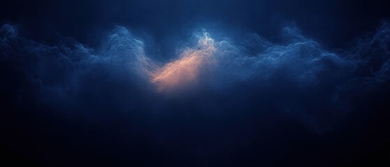 Abstract visualization of flowing light particles in dark space creating a glowing, wave-like ethereal pattern with vibrant blue and orange hues, evoking mystery and motion