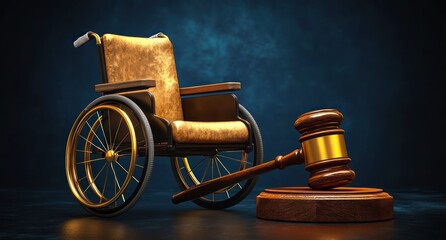 Golden wheelchair next to wooden judge gavel and base on dark textured background symbolizing legal rights and accessibility