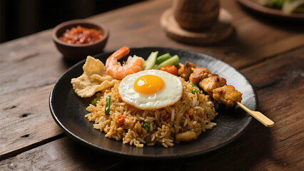 Savory nasi goreng with fried egg, satay, pickles, and crackers, styled on rustic plate with rich, moody lighting