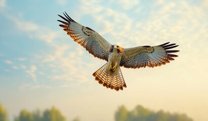 Fototapeta premium majestic bird of prey soaring with wings fully spread against a soft cloudy sky during golden hour