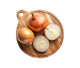 Overhead view of whole and halved yellow onions on a wooden board