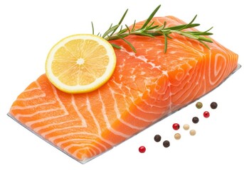 Salmon fillet with lemon and rosemary isolated on white background