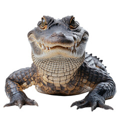 Fototapeta premium Front view of a crocodile with jaws slightly open against a solid white background, highlighting its textured scales, sharp teeth, powerful jaw, and fierce expression in sharp
