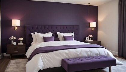 Modern luxury Bedroom Interior – Dark Gray Tufted Headboard, White Bedding, Purple Accent Wall, Soft Lighting, Cozy Ambiance, Minimalist modern Design room created with generative ai 