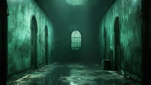 A dark hallway with a chandel hanging from the ceiling