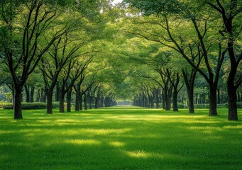 Fototapeta premium Sunlit tree-lined path in verdant park