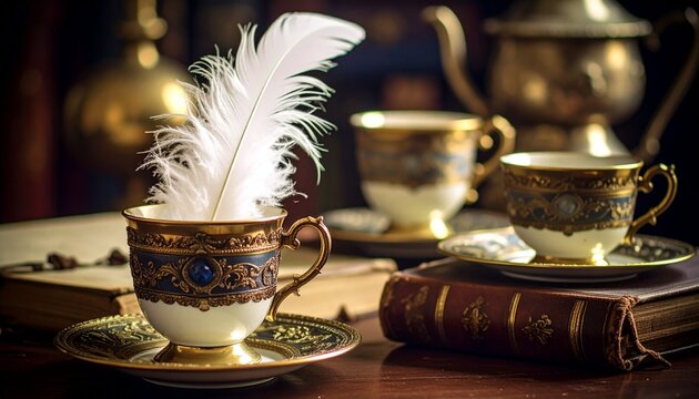 Antique Cups & Feather on tabble
