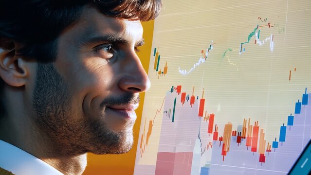 Confident businessperson examining financial market growth on digital screen, displaying professional satisfaction with strategic investment performance