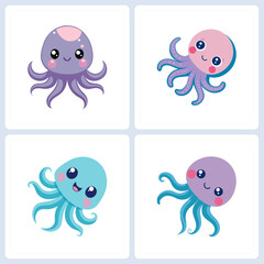 Playful, Vibrant Quartet of Cartoon Octopuses for Creative Projects
