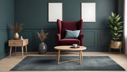  Living Room Interior Mockup – Wing Chair, Rustic Wooden Coffee Table, Bold Burgundy, Charcoal created with generative ai