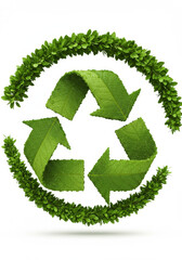 Recycling Symbol Made of Green Leaves Isolated on White Background
