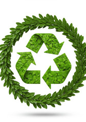 Recycling Symbol Made of Green Leaves Isolated on White Background