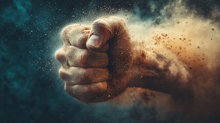 Fototapeta premium A powerful fist punches through a wall in dynamic motion, creating a hole with dust and debris flying mid-air. The motion blur and impact capture strength, anger, and unstoppable force in action.