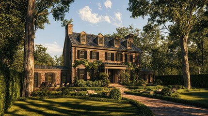 Grand Georgian Mansion Estate: Brick Colonial Home in Lush Green Landscape
